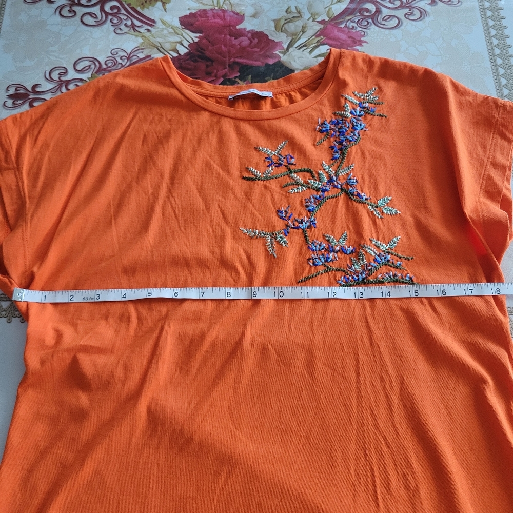 Zara Short Sleeve Top Womens Small Orange Embroidered - Picture 5 of 7